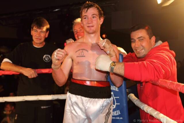 UNDEFEATED: Former Horsham man Mitchell Clark, pictured at his professional boxing debut in May, stayed undefeated by knocking out opponent Bentley Shefford in the second round on Friday night. Picture: MARTY’S KNOCKOUT PHOTOGRAPHY