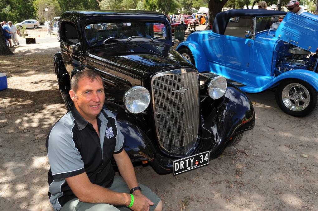 STYLE: Darren Baker of Condah with his 1934 Chevy Coupe at Sunday’s Old Skool Hotrod and Custom Club show and shine at Halls Gap.