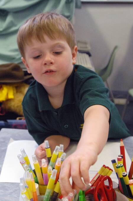 2008: Jay Hughes concentrates during his first day of prep at Dimboola Pimpinio Primary School.