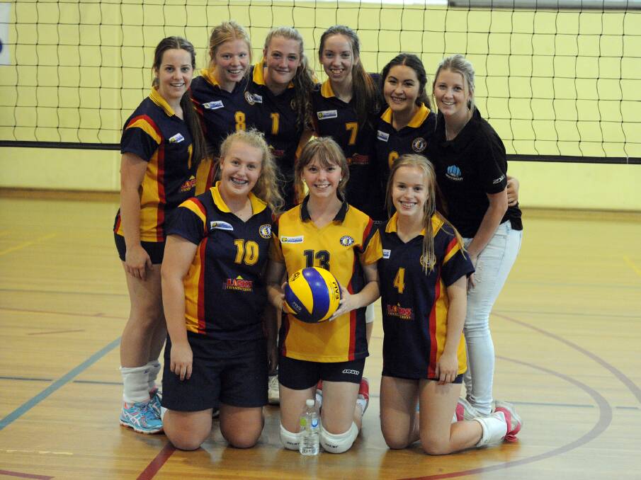 WINNING TEAM: Horsham College’s undefeated intermediate girls volleyball
team. From back, Maddison Watts, Elly Blakeley, Porsha Jorgensen, Steph Milton,
Amy Lehmann and coach Delaney Wills; front, Bec Clough, Holly King and Kelsey
Bell. Pictures: PAUL CARRACHER