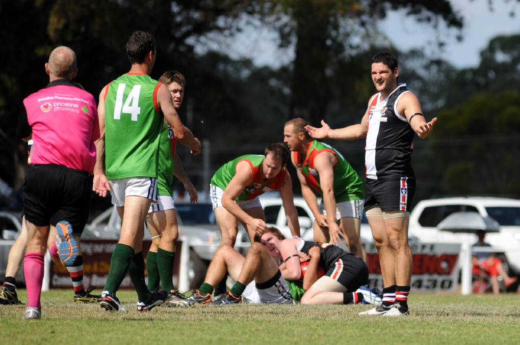 Brendan Fevola asks why he wasn't paid a mark during the Edenhope-Apsley v Noradjuha-Quantong match at Edenhope.