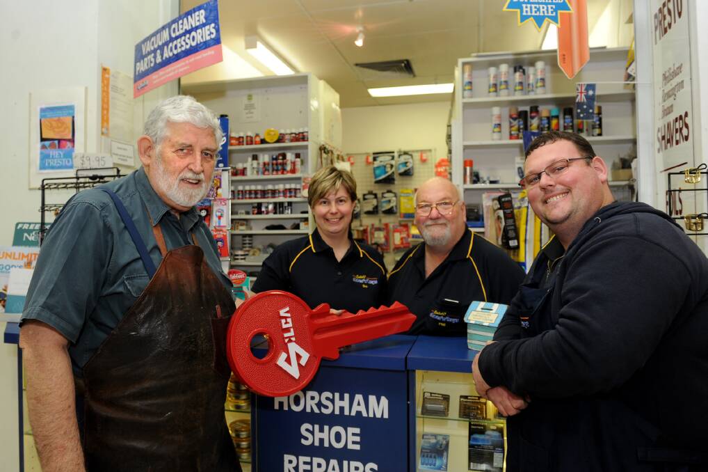 CHANGING HANDS: Horsham Shoe Repairs  – Hey Presto owner Peter Dybing will hand the keys to his business to new owners Rebecca, Phill and Tim Batchelor on Thursday. Batch’s Shoes ‘n’ Keys opens on Friday. Picture: SAMANTHA CAMARRI