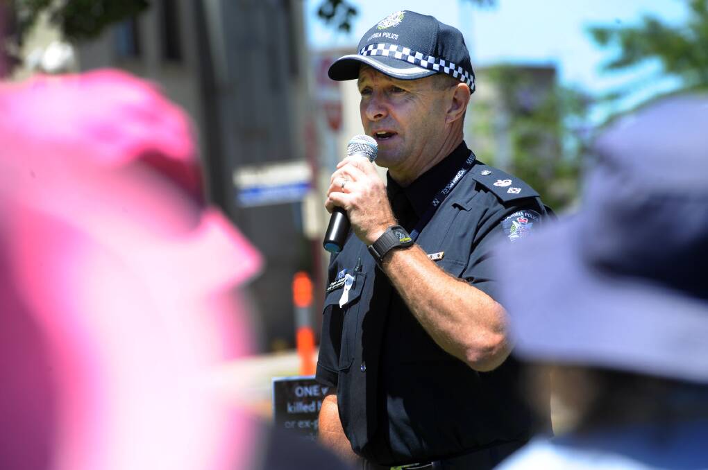 Horsham Acting Superintendent Trevor Ashton speaks at a Horsham White Ribbon march last year. He hopes a royal commission will better equip police to reduce family violence. Picture: PAUL CARRACHER