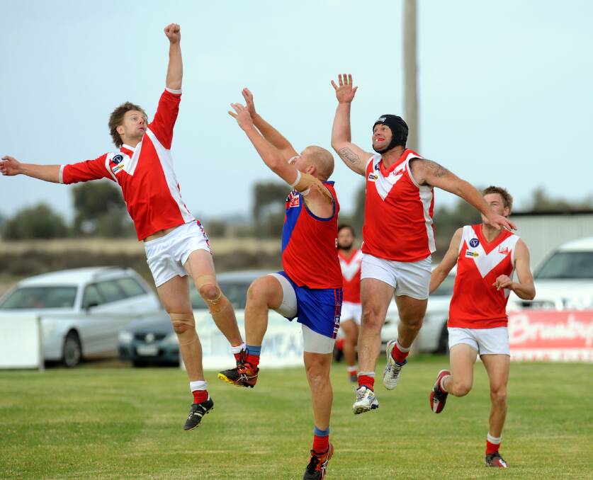 Taylors Lake's Dean Harberger and Jason Weir in action against Kalkee. Picture: PAUL CARRACHER