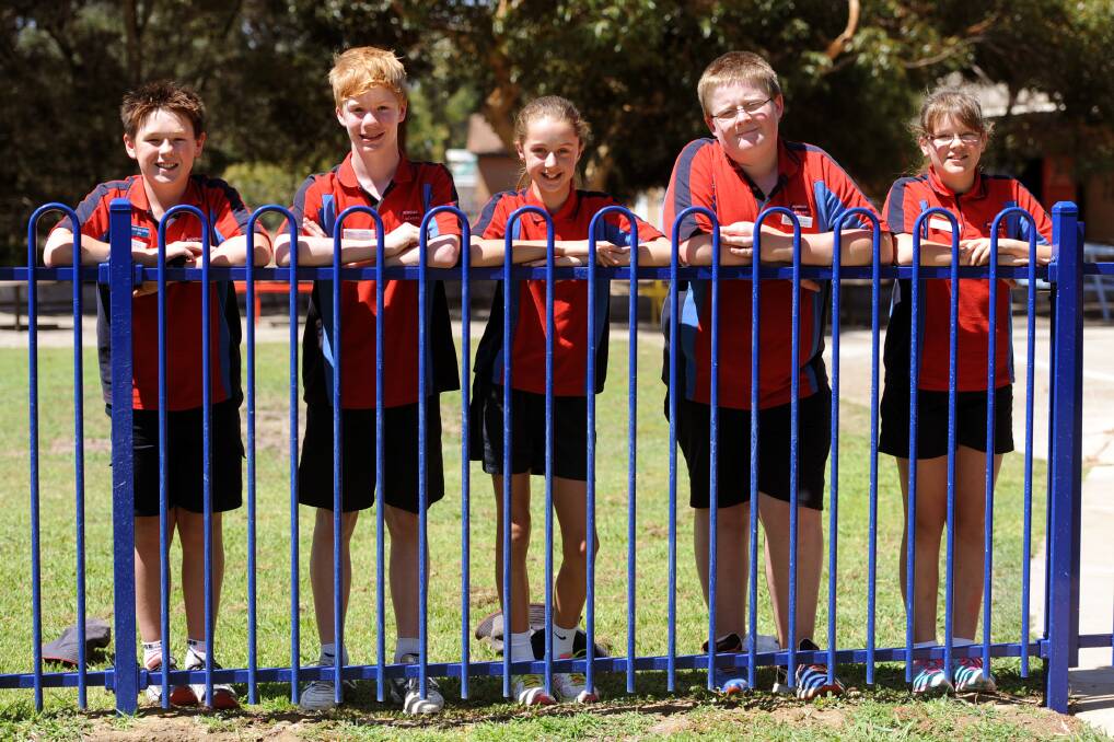 FEBRUARY: Horsham Primary School’s new school captains, from left, vice-captain Angus Tickner, captains Tate Fennell, Kaleisha McKerron and Bevan Brooke, and vice-captain Emma Naylor. Vice-captain Chloe Jarred is absent.