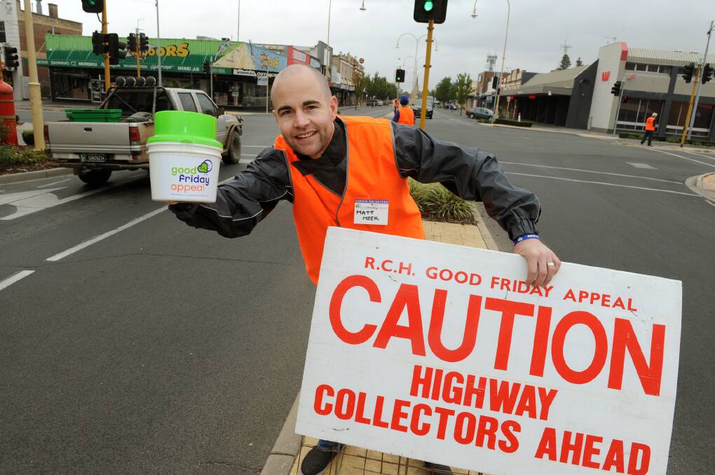 READY TO COLLECT: Matt Meek is ready to take donations at his post in Firebrace Street, Horsham, as part of the Royal Children's Hospital Good Friday Appeal.