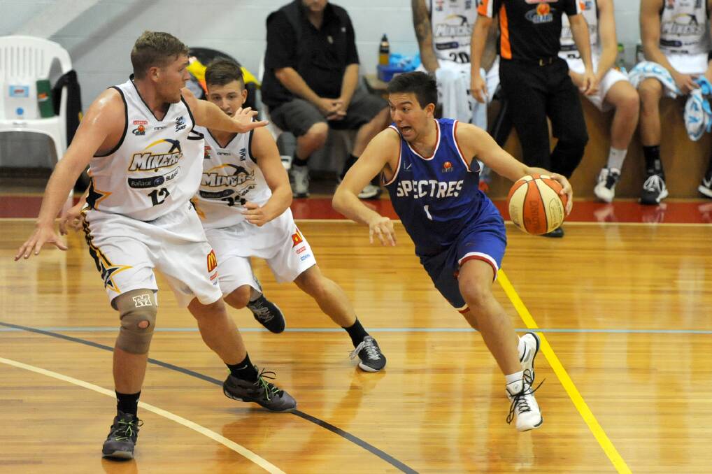 BALANCE: Ballarat Miners's Ash Constable, Dane Sisic try to keep up with Nunawading Spectres' Costas Hronopoulos.