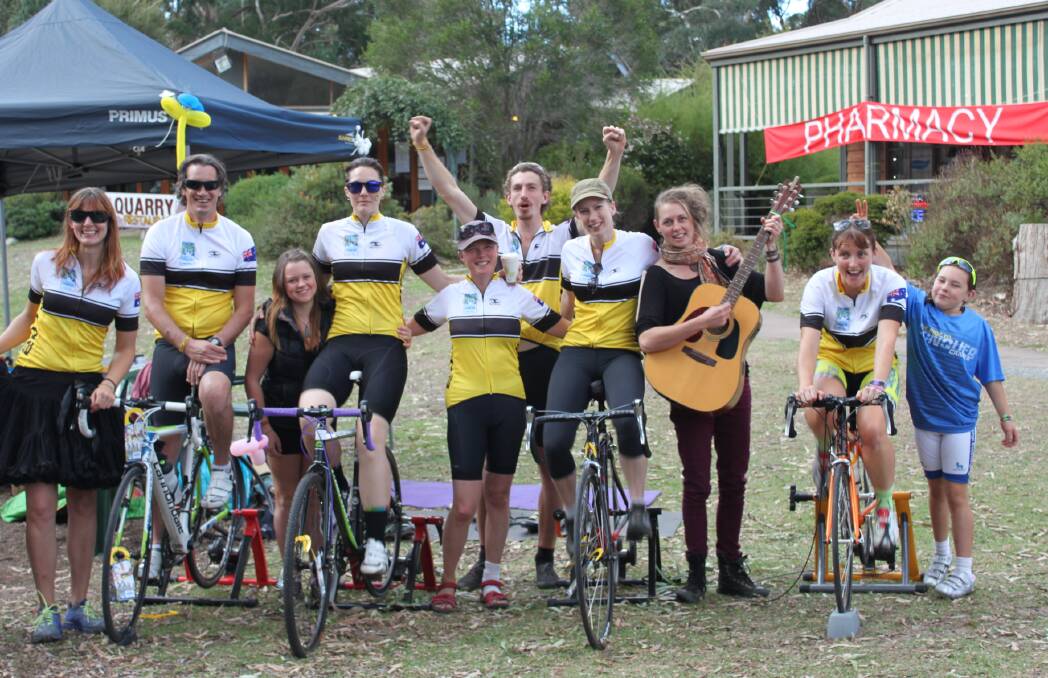 READY TO RIDE: Team Jaam Jaam members, from left, Sara Bowers, Pete North, Amanda Walker, Cass Hebbard, Claire Evans, Braeden Hyland and Jacinta Williamson, with team helpers Lucy Bowen, Crystal Wemyss and Nat Wemyss, are ready to tackle the 200-kilometre Ride to Conquer Cancer in Melbourne in October.