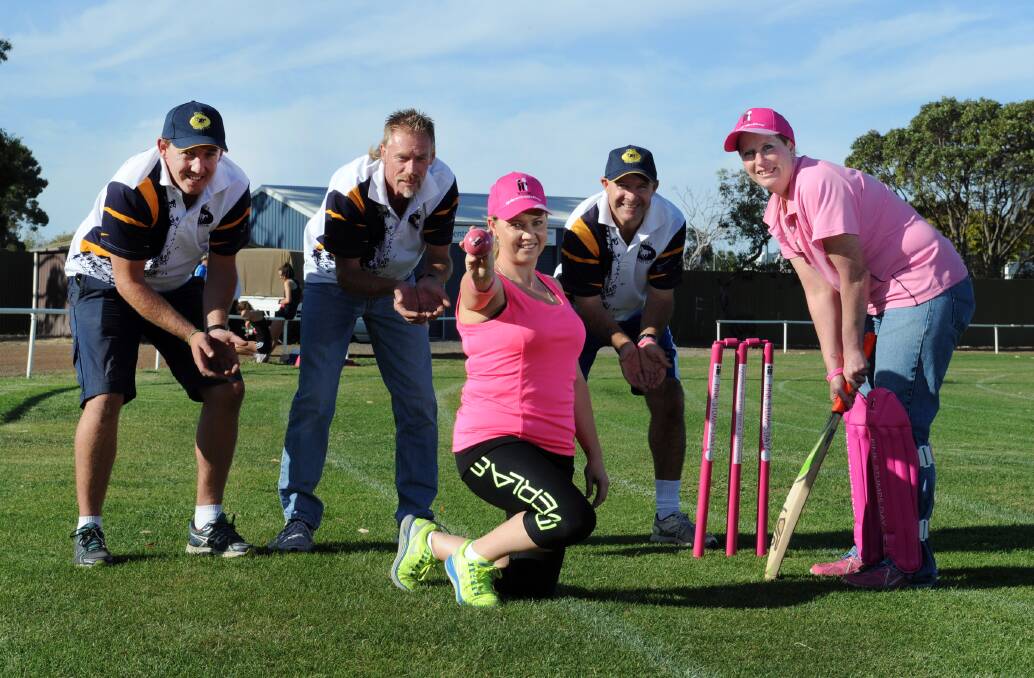 COLTS CELEBRATION: Colts Cricket Club’s Brad Millar, Terry Baldwin, Tamara Hunter, Dean Arnott and Rosemary Arnott get ready for the club’s Pink Stumps Day and 2002-03 A Grade premiership reunion. Picture: PAUL CARRACHER