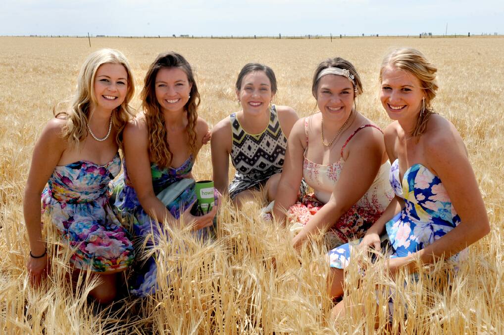 FIELDS OF FUN: Amy Little of Bonbeach, Mikaela Little of Murtoa, Ellen Bucknall of Bung Bong, Jessie Cole of Warrnambool and Bronwyn Sudholz of Rupanyup at the Barley Banquet on Saturday. Picture: SAMANTHA CAMARRI