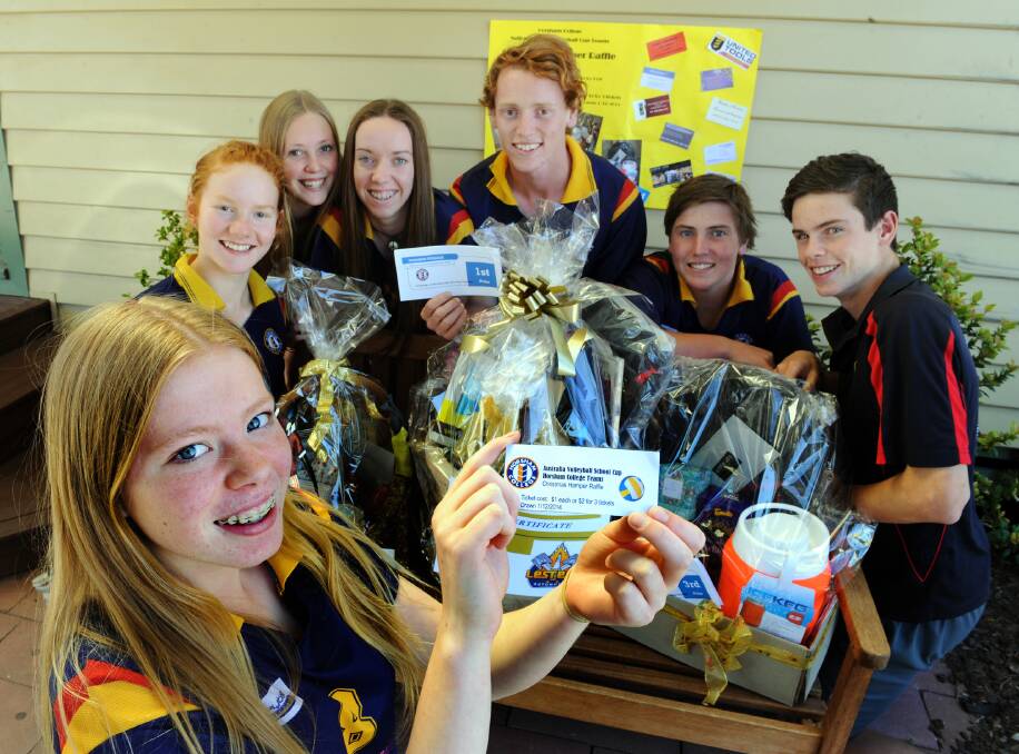 EAGER: Horsham College volleyball players, from left, Elly Blakeley, Georgia Maroske, Charlotte White, Stephanie Milton, Hugh Gove, Pat Laffy and Campbell Mason have been raising money to go to the Australian Volleyball Schools Cup in December. Picture: PAUL CARRACHER