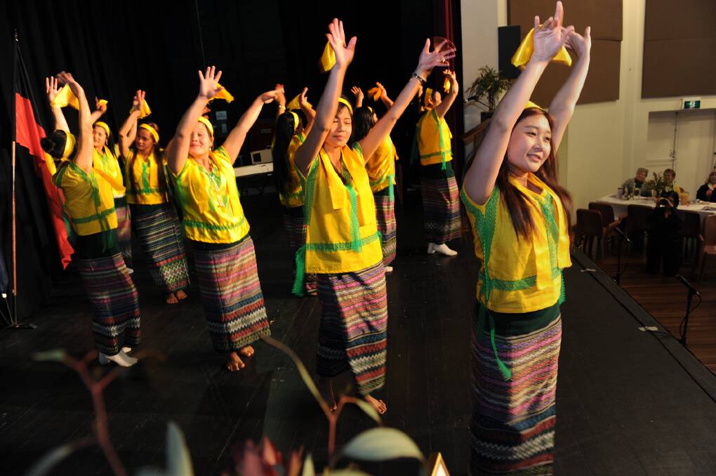Karen dancers at citizenship ceremony in Nhill. Picture: PAUL CARRACHER