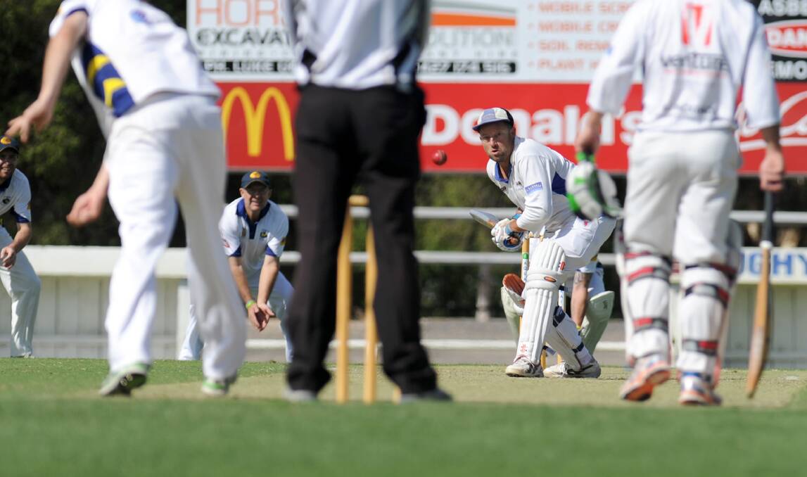 FRONT FOOT: Graeme Reddie concentrates while batting for Lubeck-Murtoa in the B Grade one-day final. His form has mirrored that of his side. Picture: OLIVIA PAGE