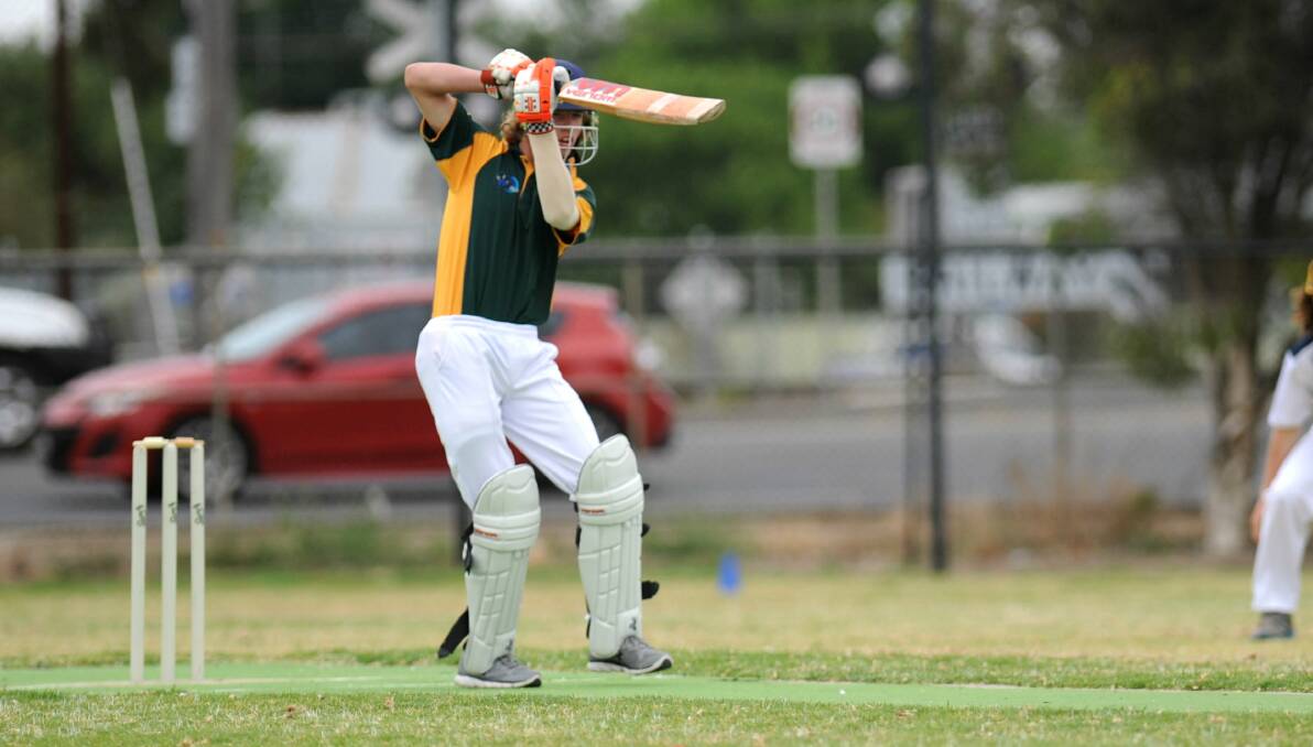Darcy Reid drives off the back foot on his way to 32 runs for Wimmera-Mallee aginst  Warrnambool Blue on day one. Picture: STUART McGUCKIN