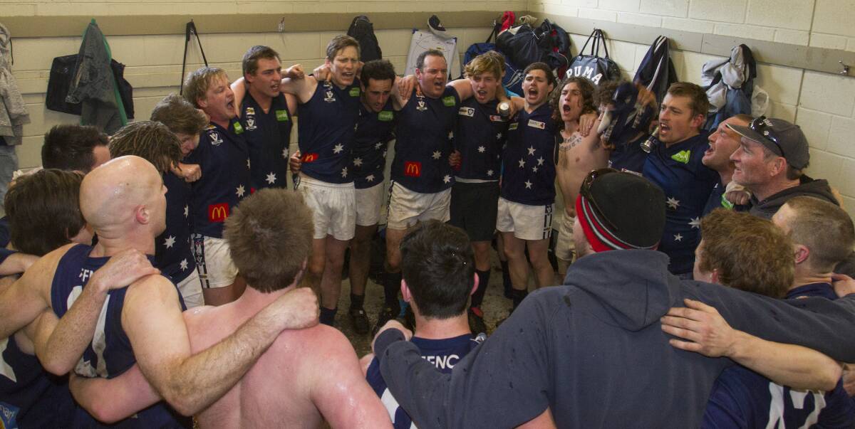 LOUD: The Ararat Eagles sing the song loudly and proudly after winning the side's first game in more than two years. Picture: PETER PICKERING