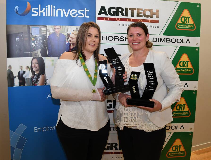 VERY BEST: A grade  best and fairest Caitlin Story andrunner-up Ebonie Salter show off their awards on Monday night. Picture: SAMANTHA CAMARRI