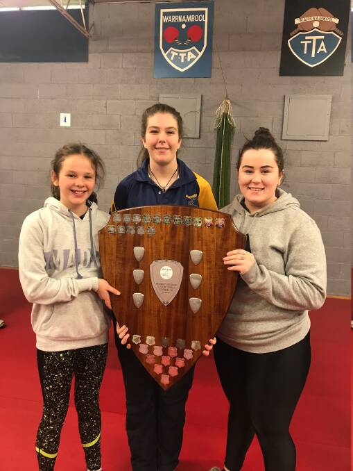 WINNERS: Horsham table tennis association players Darcie Landrigan, Paige Sanders and EmmaIee Thomas won the Girls Jenkins shield. Picture: CONTRIBUTED