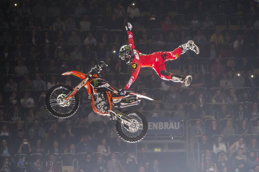 LOOK MUM: Blake 'Bilko' Williams flies  through the Munich sky during a Nitro Circus show last year. The Nitro Circus is coming to Horsham City Oval on Sunday night as part of a regional tour. Picture: MARK WATSON