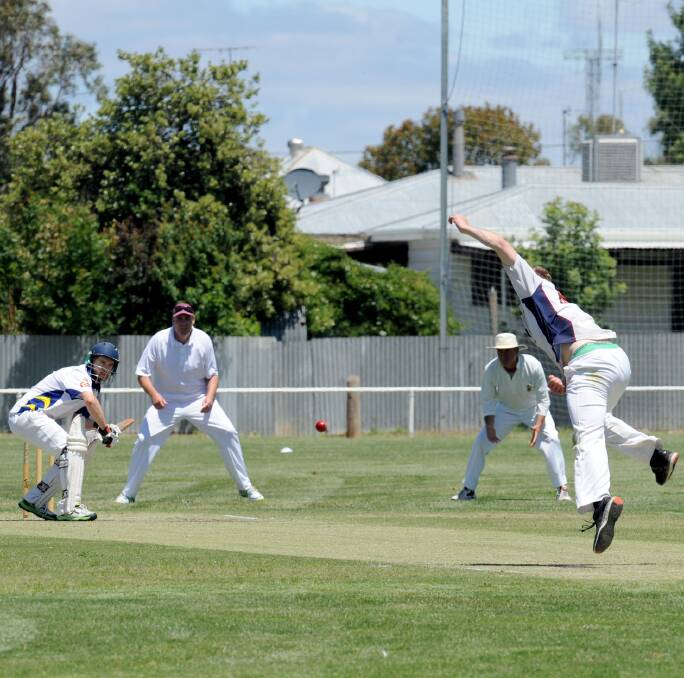 WATCHING: Colts' Nathan Keel prepares to face a ball sent down by Bullants bowler Kyle Murray on the first Saturday of the match between the sides at Cornell Park. Picture: OLIVIA PAGE