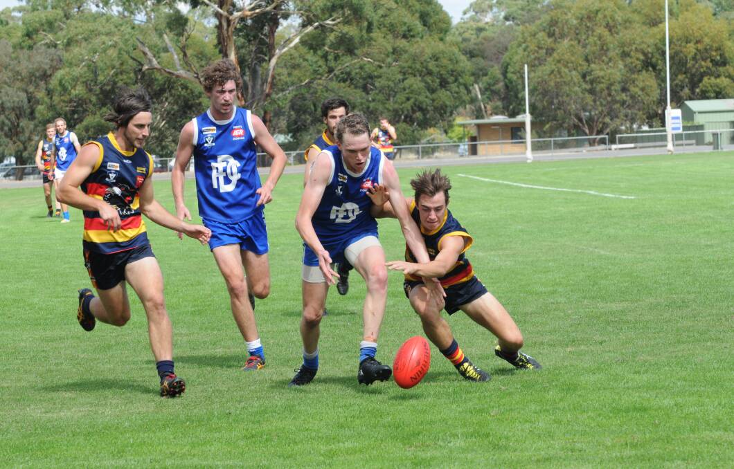 FIRST: Donald's Caleb Powell fights for the ball during a recent practice match as teammate Brody Haddow follows. Picture: BULOKE TIMES