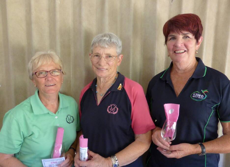 Marg Bound, Eunice Ferguson and Catherine Kennedy were the main winners on the first day of the The Wimmera District Senior Ladies Golf Association season on Friday. Picture: CONTRIBTUED
