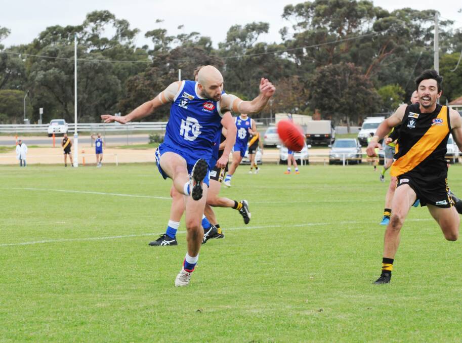 KICK: Donald's Anthony Raso gets the ball moving forward against Sea Lake-Nandaly in round four. His side will look to make it three wins against Boort this season on Saturday. Picture: BULOKE TIMES