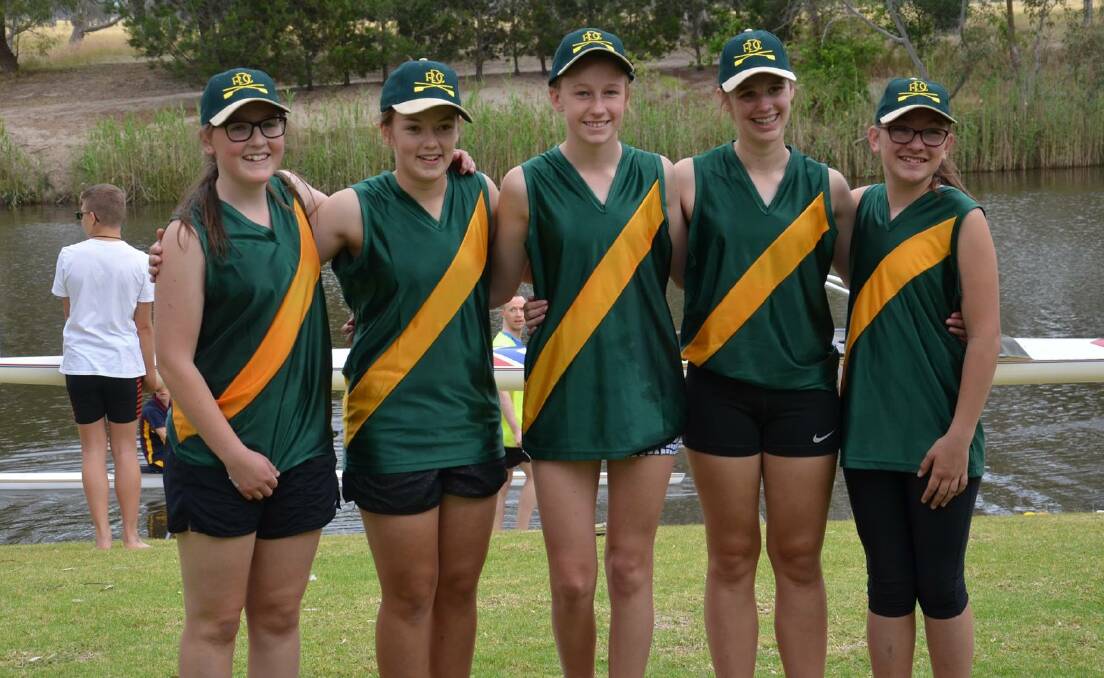 NEW TEAM: Xenitty Crouch, Macey Laverty, Alex Salter, Joanne Wolthuis and Tara Petschel represented Dimboola in the femal under-17 quad scull.