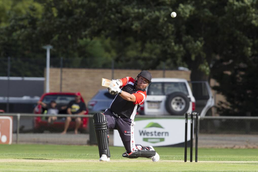 BLAST: Mark Cosgrove flays the ball over cover during his hard hitting innings for the ACA master at Alexandra Oval.