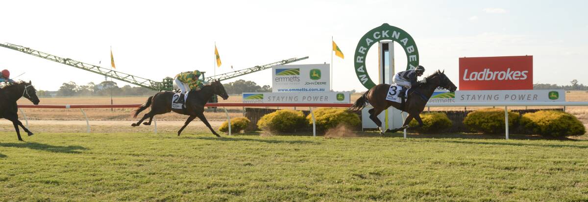 BACK AGAIN: War Story flashes past the post to win the 2017 Warracknabeal Cup. The Irish gelding will return to the track to defend its crown on Saturday. Picture: RACING PHOTOS