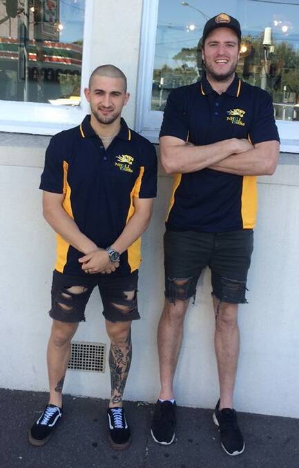 ON BOARD: Nhill were quick to get new recruits Jesse Morano and Ben Jones sporting the club's attire earlier in the week. Picture: CONTRIBUTED