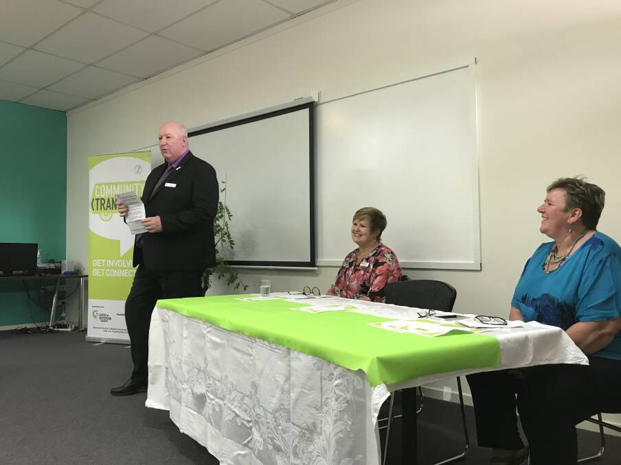 INSIGHT: Wimmera Southern Mallee Community Transport Service steering Committee chair David Leahy, HRCC Mayor Pam Clarke (centre) and Centre for Participation CEO Julie Pettett. David providing the background of the service and discussing how social connections are vital for mental health.
