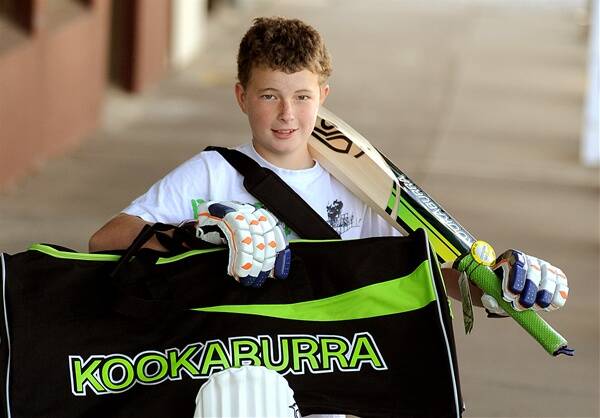 RIPPER: Wimmera Mail-Times and Kookaburra Australian Cricketers' Association tour match 4s and 6s poster competition winner Jarman Reid checks out his new Kookaburra cricket kit. Picture: PAUL CARRACHER