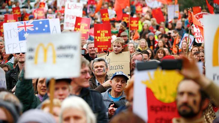 Residents in Tecoma protest against a McDonald's restaurant last week. Photo: Eddie Jim