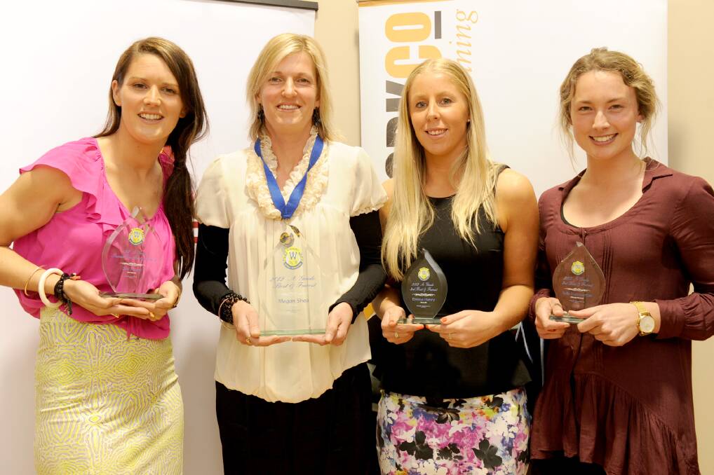 From left, A grade best and fairest runner-up Zoe Heard of Horsham, winner Megan Shea of Ararat, and joint third place getters Emma Henry of Stawell and Polly Hammerton of Minyip-Murtoa. Picture: SAMANTHA CAMARRI