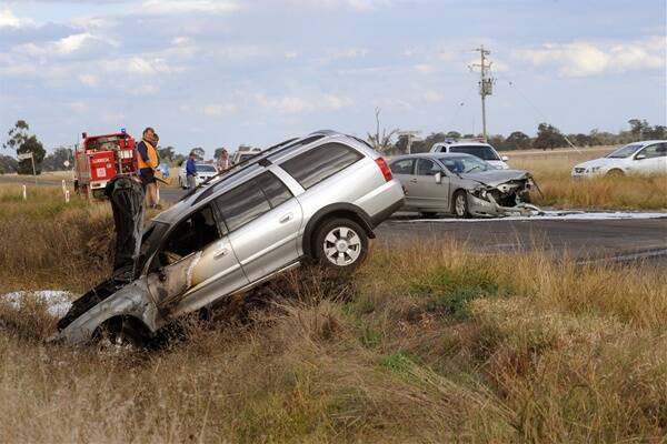 HEAD-ON CRASH: Three people were lucky to escape with minor injuries in a head-on crash at the intersection of Horsham-Lubeck Road and Murtoa-Glenorchy Road at Lubeck on Monday. Pictures: PAUL CARRACHER