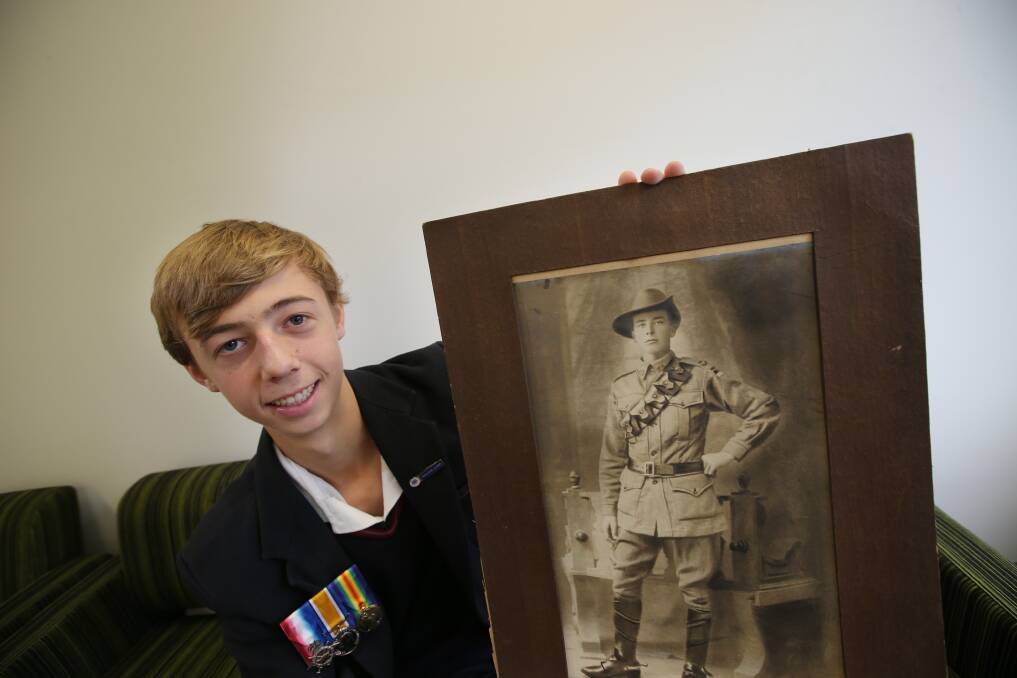 Harry Price 14yold of Warrnambool is one of 80 kids from across Victoria heading off on a trip to Gallipoli on April 20 for the 100th anniversary commemorations - he has several descendants who served in the wars and will bring some memorabilia along.  Picture: VICKY HUGHSON