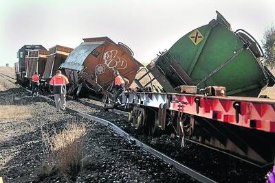 DERAILED: An El Zorro Transport freight train derailed six kilometres south of Warracknabeal on Sunday night. Picture: PAUL CARRACHER