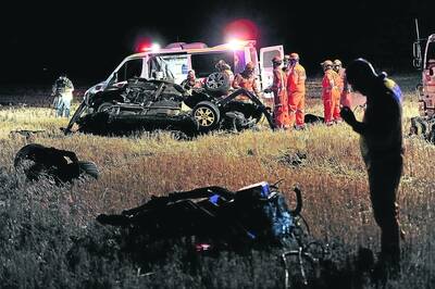 HORRIFIC: The crash scene on the Henty Highway near Dooen on Wednesday night which killed a 31-year-old woman.Picture:PAULCARRACHER