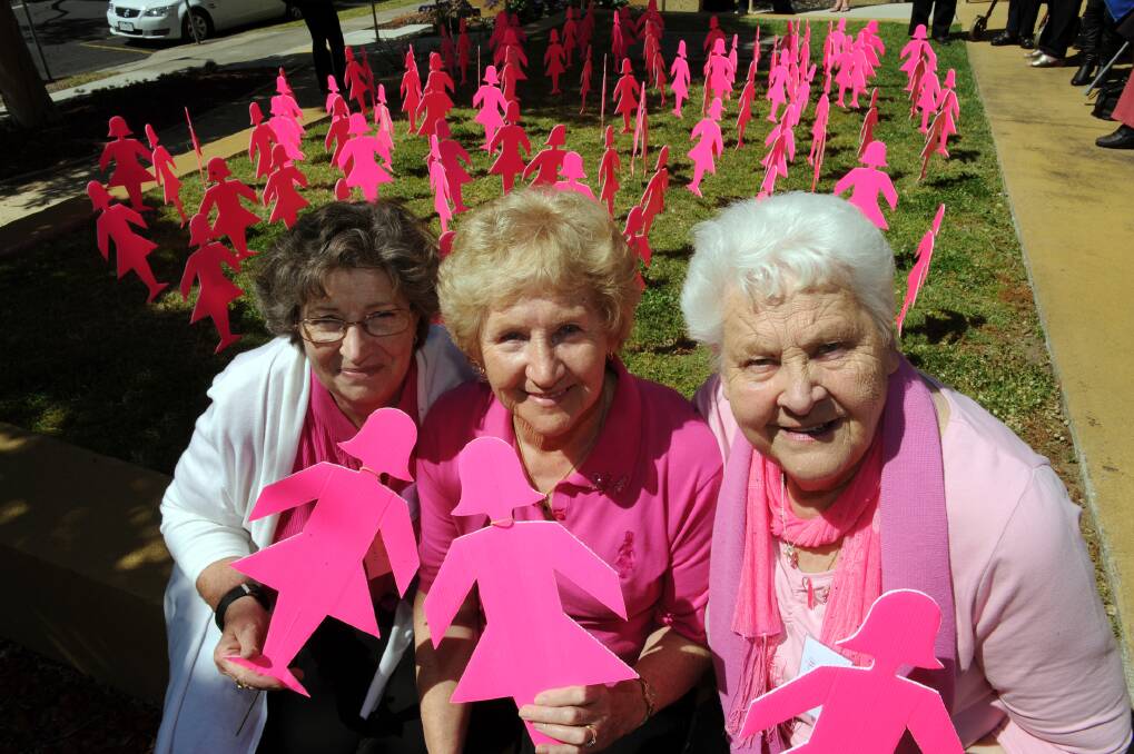 Carol Williams, Margaret Wilson and Marie Bellis celebrate beating breast cancer as part of Australian Breast Cancer Day on Monday. Survivors created a mini-field of pink ladies in Horsham. Picture: PAUL CARRACHER