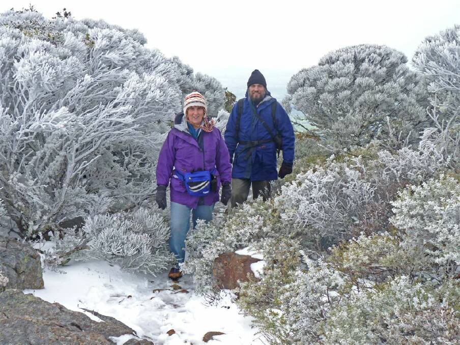 Horsham couple Chris and Susan Dunmill on the summit of Mt William on Saturday. Picture: BOB WYNNE