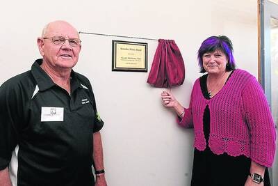 UNVEILING: Goroke Men�s Shed president Rob Stacy and Wimmera Uniting Care�s Wendy Middleton reveal a plaque at the opening of Goroke Men�s Shed.