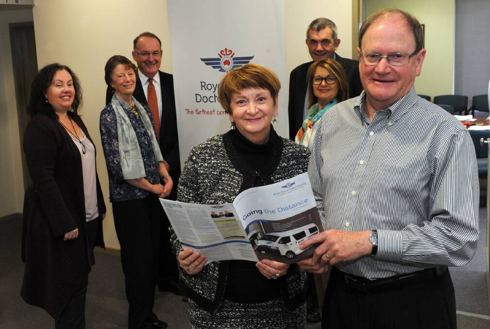 Victoria's Royal Flying Doctors board meet in Horsham for the first time on Tuesday. Pictured is, front, board member Robyn Lardner of Horsham and chairman Murray Rogers, AO, and back, fellow board members Kim Webber, Denise Reynolds, Bernie Delaney, Bruce Waxman and Rasa Bertrand. Picture: PAUL CARRACHER