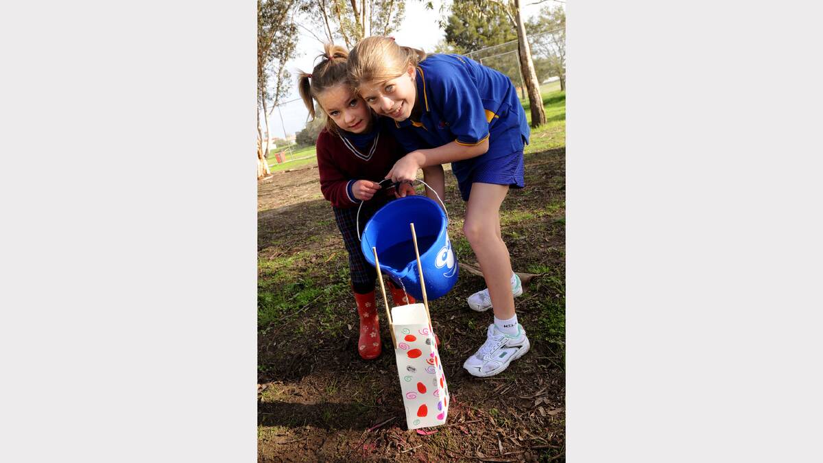 Holy Trinity Lutheran School students Leah Maroske, prep, and Lily Materne, year six, participate in National Schools Tree  Day on Friday. Picture: SAMANTHA CAMARRI