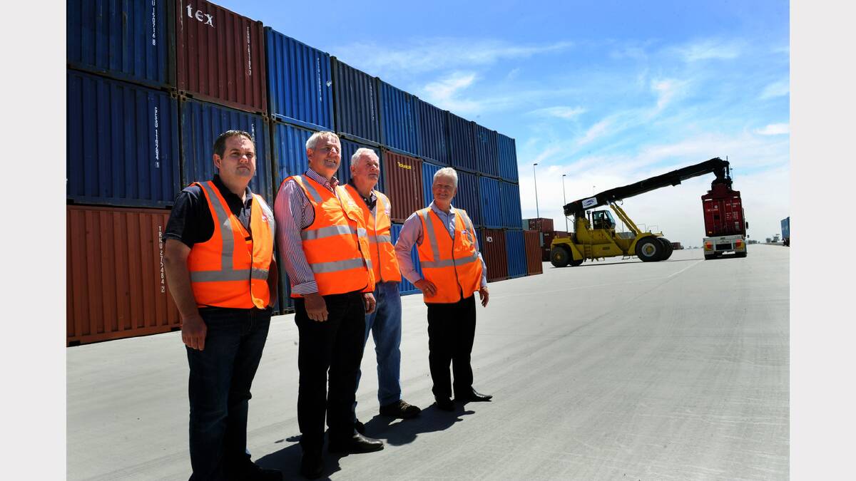 FULL CAPACITY: Wimmera Container Line general manager Allister Boyce, Horsham Mayor David Grimble,  Cr Tony Phelan and Horsham acting chief executive Tony Bawden inspect the Wimmera Intermodel Frieght Terminal at Dooen. Picture: PAUL CARRACHER