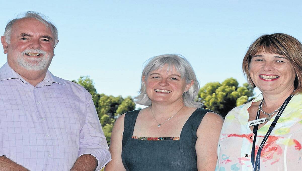 STUDYING AGAIN: Warracknabeal pharmacist and businessman John Aitken with LaTrobe University's Kaye Knight and Rural Northwest Health chief executive Catherine Morley. PICTURE: CONTRIBUTED.