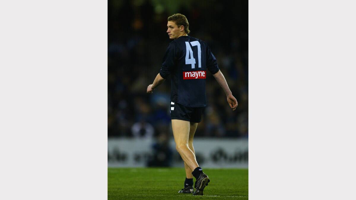 Laurence Angwin, pictured playing for Carlton, made his debut for Ouyen United in the Mallee Football League. Picture: GETTY IMAGES