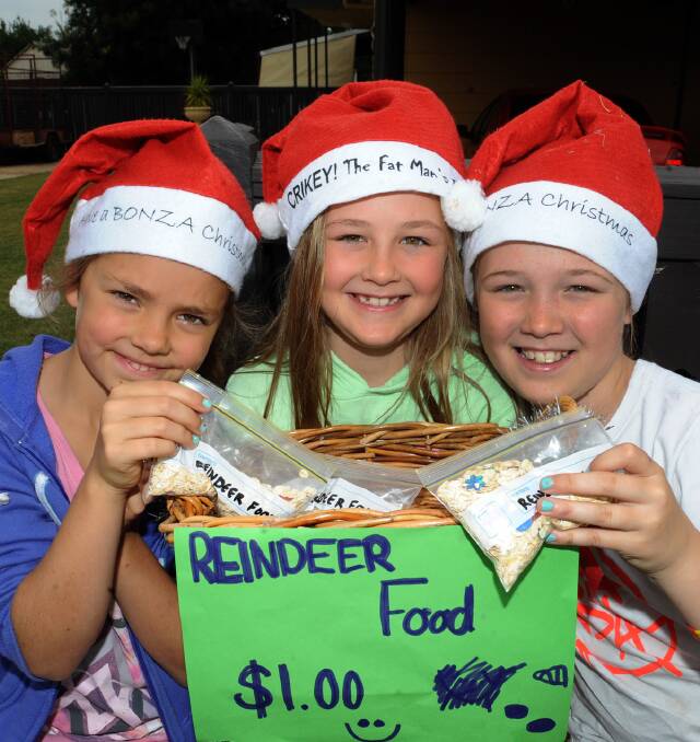 Georgie Tyler, 8, Rylee Hateley, 8, and Remi Hately, 11, have started a reindeer food stall in Wawunna Road. Picture: PAUL CARRACHER