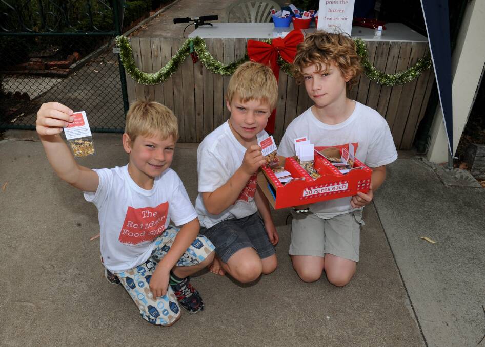 Brothers Heath, 7, Mitchell, 9, and Nathan, 11, Warrick are selling reindeer food in Natimuk Road. The boys are in their sixth year of business. Picture: PAUL CARRACHER