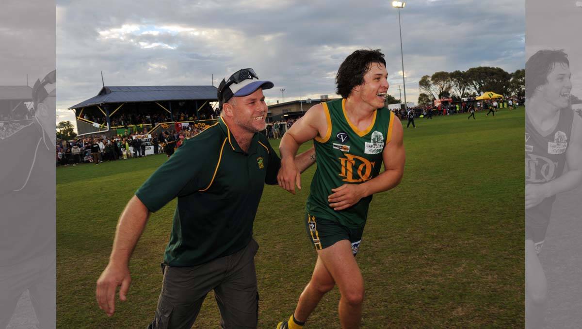 Stuart Farr and Lachie Exell celebrate. Wimmera Football League grand final at Davis Park, Nhill. 