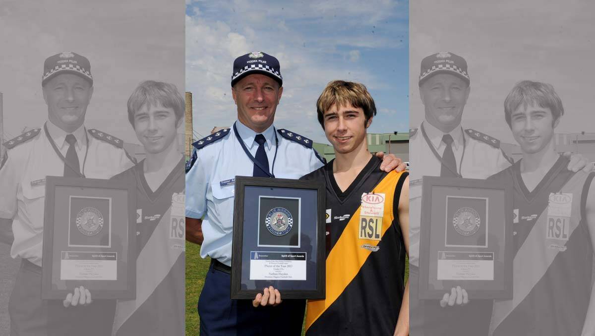 Spirit of footy Play of the Year: Insp. Trevor Aston with Nathan Hayden, RSL Diggers 